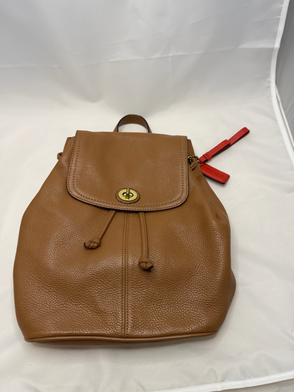 Coach Brown Pebbled Park Mini Drawstring Backpack Bag - Orange Tag & Lining
